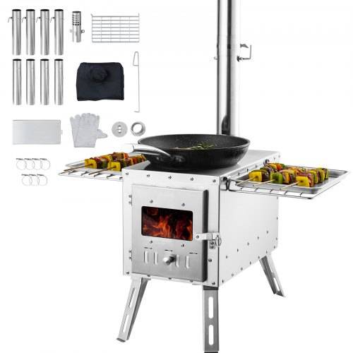 VEVOR Holzofen, 590 x 790 x 2620 m, Camping-Zeltofen aus Edelstahl, Holzofen mit Kaminrohren und Handschuhen, 1646 Kubikzoll gro_er