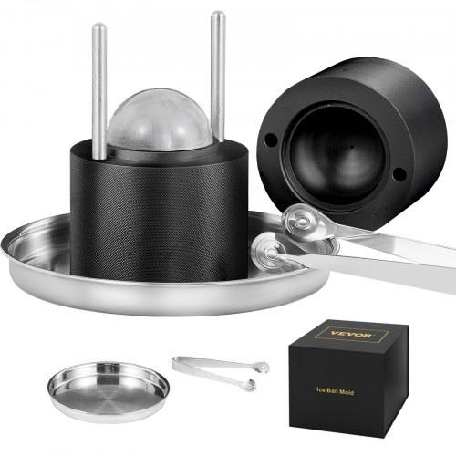 VEVOR Eiswürfelbereiter Eiswürfelformen Satz 60 mm, Eiswürfelform Eiskugelform mit Eiszange & Tropfschale, Alu Schwarze Strapazierfähige Eiswürfe