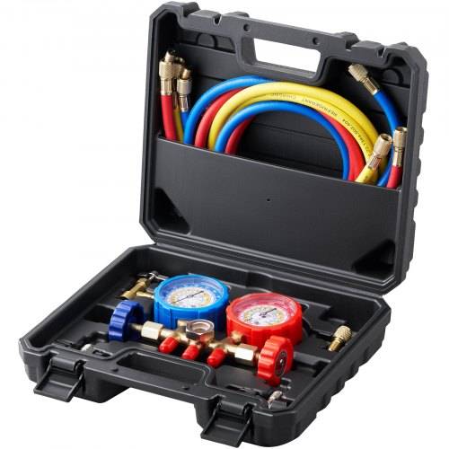 VEVOR Kältemittel Manometer 3-Wege Auto Kältemittel Verteiler Messgeräteset R134A-R22-R12-R502 Ac 4 Stk_ 1,52 m Ladeschläuche Kältemittel Manomet
