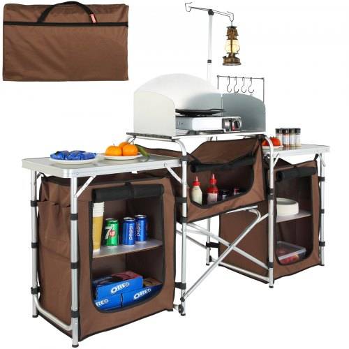 VEVOR Campingküche Campingschrank 174 x 176 x 46 cm, Tischküche mit Lampenmast & Haken Reiseküche, Faltbar Outdoor Küchenbox Aluminiumgestell Küc