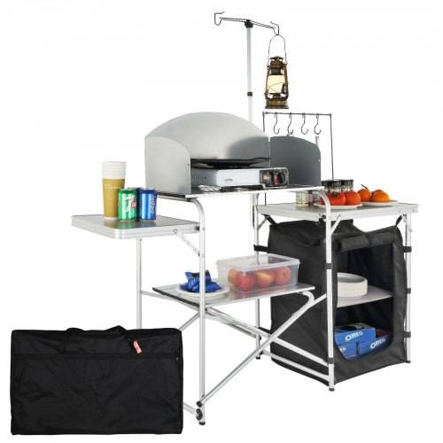 VEVOR Campingküche Outdoor Faltbar 78 x 49 x 13 cm, Alu Campingschrank, Camping Küche mit Windschutz, Campingmöbel Reiseküche inkl. Haken & Lampen