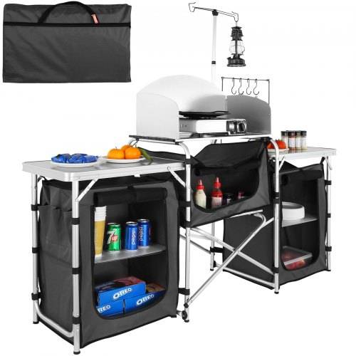 VEVOR Camping-Küchentisch, Klappbarer Outdoor-Kochtisch mit Aufbewahrungstasche, Aluminium-Kochstation mit 3 Schränken und Abnehmbarer Windschutzsch