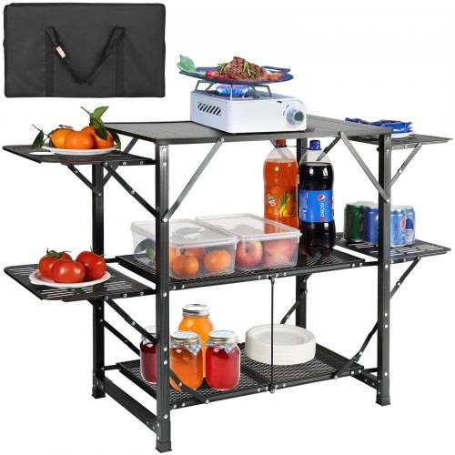 VEVOR Camping-Küchentisch, Aluminium, Faltbar, Tragbar, Outdoor-Kochstation mit 4 Eisenseiten, 2 Regalen und Tragetasche, Schnelle Installation für