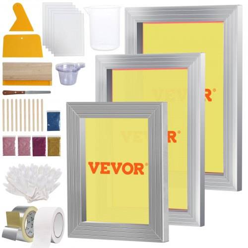 VEVOR Siebdruck Kit, 3 Stk. Aluminium Siebdruck Rahmen 152,4x254 mm/203,2x304,8 mm/254x355,6 mm 110 Mesh, 5 Glitter & Siebdruck Rakel & Folien für