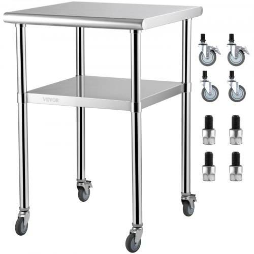 VEVOR Kommerzieller Edelstahltisch 61 x 61 x 91,4 cm, Rollbarer Zweilagiger Arbeitstisch Zerlegetisch Gastro 181,4 kg + 91 kg Tragfähigkeit, Gewerbe