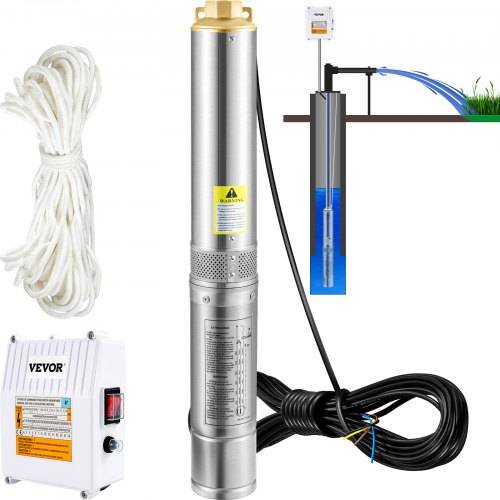 VEVOR 102 mm Tiefbrunnenpumpe 1100 W Brunnenpumpe 190 L/min Tauchpumpe max Förderhöhe 57m Rohrpumpe 230 V 50 Hz Sandpumpe IP68 Wasserpumpe 0-40°C