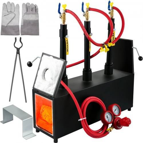 VEVOR Gas schmiedeofen 1350 °C, Brenner Schmiede 15 L, Schmiedeofen drei Brenner Zweitürig Auskleidung mit Aluminiumsilikatfaser, Metallschmiede Max