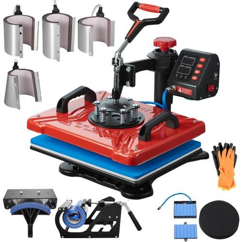 VEVOR Transferpresse 38 x 30 cm Hitzepresse 10 in 1 T-Shirtpresse Rot Textilpresse Hei_presse 360-Grad-Drehbar Multifunktionale Sublimationsmaschine