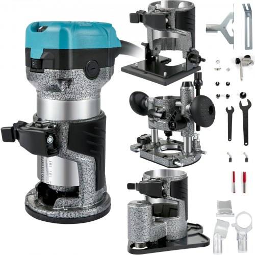 VEVOR Einhand Holz Oberfräse Kantenfräse 33000 U / min, Feste Basis, Neigungsbasis, Tauchbasis, Offset Basis, 3 Spannzangen 6,35 / 6 / 8 mm, Fräser