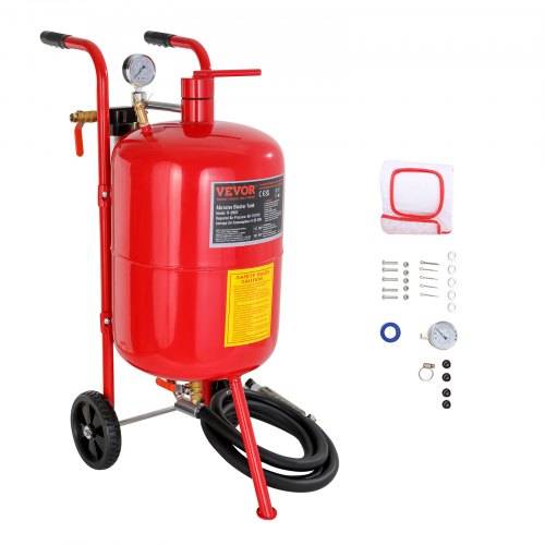 VEVOR 40L Sandstrahler Ausgestattet mit Düse Absperrventil Druckmesser Keramikdüse 2,5 m Schlauch Einfülltrichter Wasserfalle 6" Gummiräder Sands
