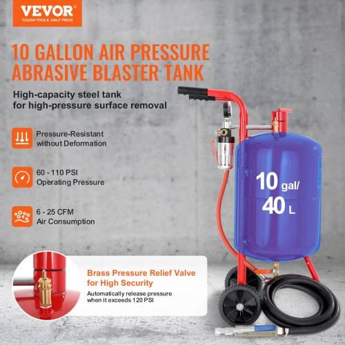 VEVOR 40L Sandstrahler Ausgestattet mit Düse Absperrventil Druckmesser Keramikdüse 2,5 m Schlauch Einfülltrichter Wasserfalle 6" Gummiräder Sands