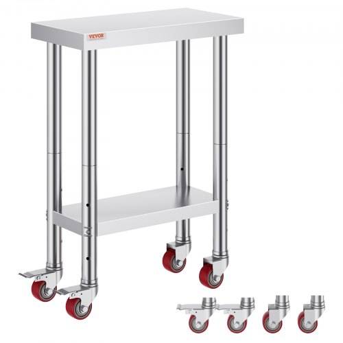 VEVOR rollbarer Arbeitstisch 61 x 30 x 85 cm Edelstahl Catering Arbeitstisch Belastbarkeit 350 kg, Lebensmittelzubereitungstisch gewerbliche