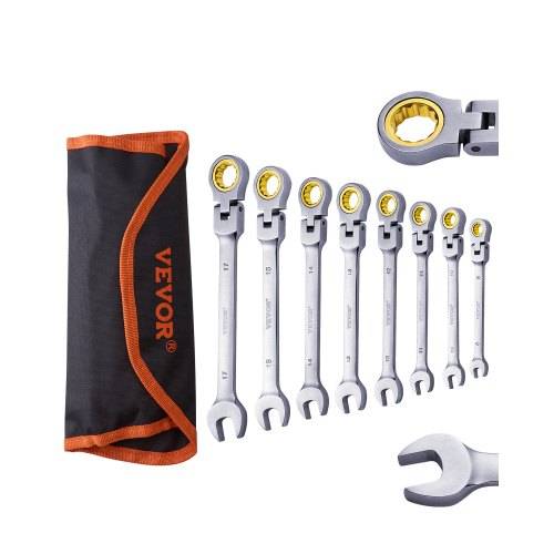 VEVOR Flexhead-Ratschenschlüsselsat 8-teiliger Ringmaulschlüsselsatz mit Rolltasche, Cr-V-Stahl flexibler Ratschenschlüsselsatz metrisch 8 mm bis