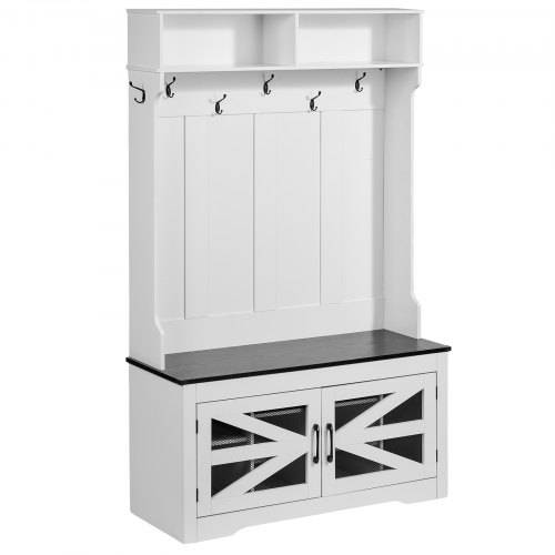 VEVOR Garderobenständer Kleiderständer aus Holz mit Bank & Schuhablage, wei_er Garderobenständer mit verstellbaren Regalen & 7 Haken & 4 Schubladen