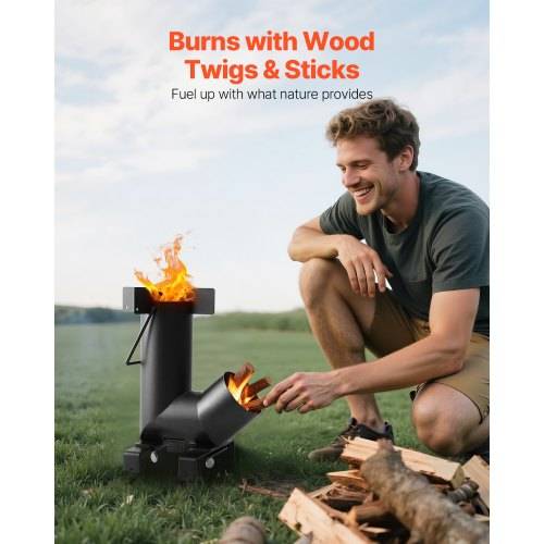 VEVOR Raketenofen, BBQ Rakete Holzofen aus Karbonstahl mit Tragetasche, zum Verbrennen von Zweigen, Stöcken oder Holzkohle zum Outdoor Kochen
