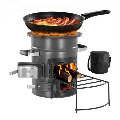 VEVOR Raketenofen, BBQ Rakete Holzofen mit Tragetasche, SPCC-Stahl, Doppeltür, zum Verbrennen von Zweigen, Stöcken oder Holzkohle zum Outdoor Kochen