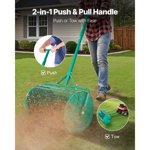 VEVOR Saatgutstreuer, 67 cm breiter Kompoststreuer mit Schiebe-/Schleppgriff, Torfmoosstreuer 4 Höhen verstellbar, Gartenstreuer für Garten, robuste