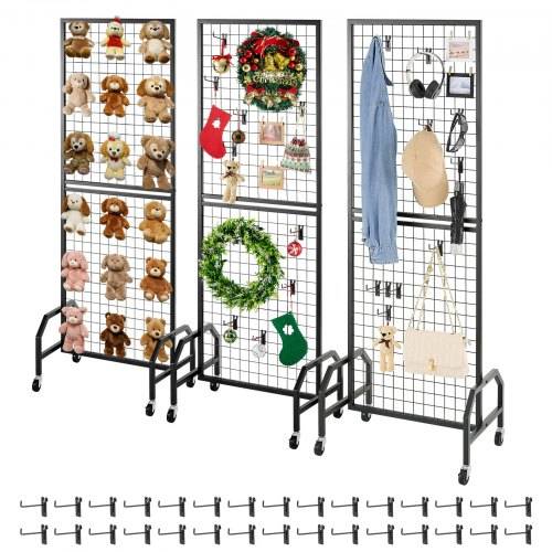 VEVOR Gitterwandpaneele Gitterwand 60 x 164 cm 3 Stk. rollbarer Präsentationsständer mit 30 Haken, Präsentationsregale aus Karbonstahl, Kunstausste