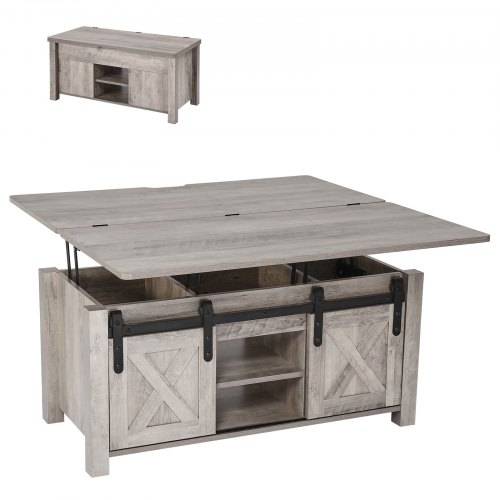 VEVOR Lift Top Couchtisch 100 cm, rustikaler Kaffeetisch mit Scheunentor & verstecktem Staufach, rechteckige Hubtischplatte für Wohnzimmer Büro Zuha