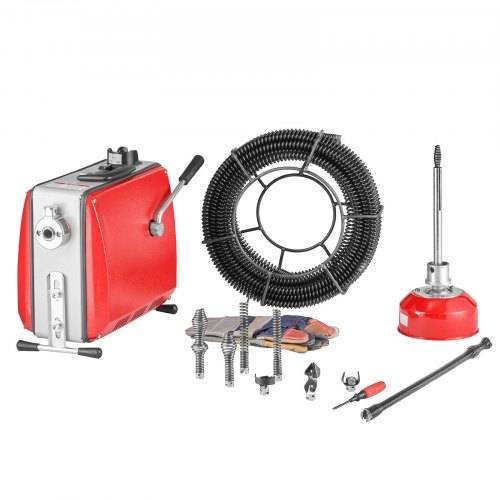 VEVOR Elektrische Rohrreinigungsmaschine, 500 W, 1400 U/min, Abflussreiniger, 20 m x 16 mm & 5 m x 9,5 mm Federkabel, 0,4 m x 16 mm flexible Feder