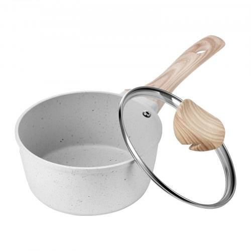 VEVOR antihaftbeschichteter Kochtopf Stielkasserolle 1,42 L mit Deckel aus gehärtetem Glas, Suppentopf Gemüsetopf mit abnehmbarem Griff, Milchtopf