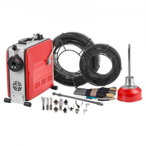 VEVOR Elektrische Rohrreinigungsmaschine, 850W Abflussreiniger, 14,5m x 16mm, 14m x 22mm & 5m x 9,5mm Federkabel, 0,4m x 12mm flexible Feder & 11