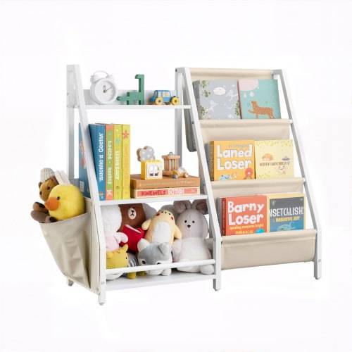 VEVOR Kinderbücherregal Spielzeugaufbewahrung für Kleinkinder Bücherregal mit Stofffächern & Seitentasche, Kinderregal für Kinderzimmer Spielzimm