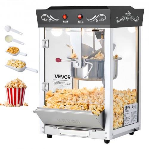VEVOR Popcornmaschine mit Edelstahlkessel, 800 W kommerzieller Popcornmaker, 48 Tassen pro Ladung, Kinostil, mit 2-Tasten-Bedienung, Glaswand