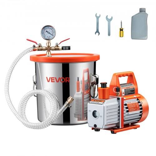 VEVOR 11,36 L Vakuumkammer mit Pumpe, 99 L/min, Edelstahl, Entgasungskammer-Kit, einstufig, Deckel aus gehärtetem Glas, 1,5 m Schlauch, zur