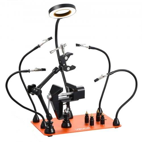 VEVOR Löthilfe Dritte Hand, magnetische Lötstation, 4-armiges Handwerkzeug, mit Schraubstock, 3-facher LED-Vergrö_erungslampe, 4 Leiterplattenhalte