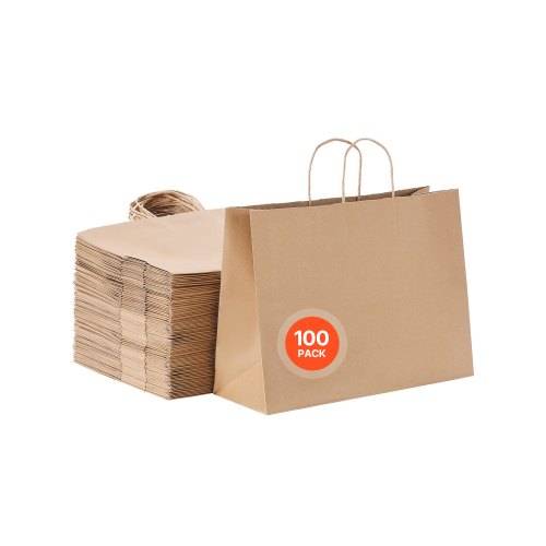 VEVOR Kraftpapiertüten, 100er-Pack, Geschenktüten mit Henkel, 406x152x308 mm, gro_e wiederverwendbare Papiertragetaschen, Einkaufstaschen, für Gebu