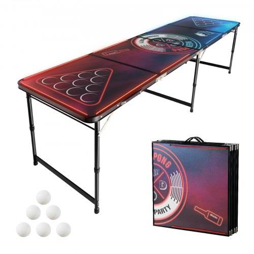 VEVOR tragbarer Beer Pong Tisch (240 x 60 x 52/70 cm), Beerpong Tisch mit Tragegriffen & 6 Pong-Bällen & LED-Beleuchtung, hoheneinstellbarer