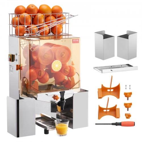 VEVOR Kommerzielle Orangenpresse Halbautomatischer 120-W-Entsafter, Edelstahl-Orangenpresse für 20 Orangen pro Minute, mit Wasserhahn & PC-Abdeckung