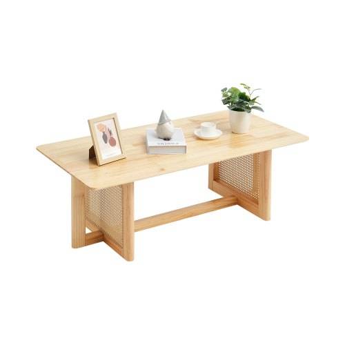 VEVOR Rattan-Couchtisch rechteckiger Kaffeetisch aus geflochtenem Rattanholz mit Tischplatte aus Gummibaumholz, 120 cm moderner Boho-Couchtisch mit