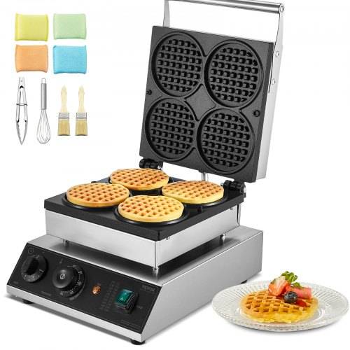 VEVOR kommerzielles Waffeleisen Waffelmaschine 1750 W antihaftbeschichtetes belgisches Waffeleisen aus Edelstahl mit Temperatur- und Zeitregelung