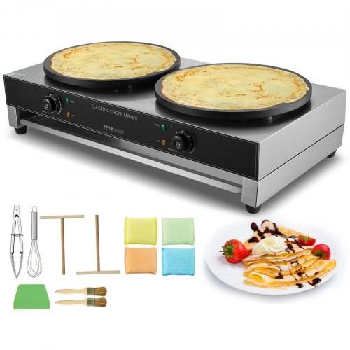 VEVOR elektrischer Crepemaker Crepe-Maschine mit Doppelkopf 6000 W flache Crepe-Grillplatte, Pfannkuchenherd aus Edelstahl