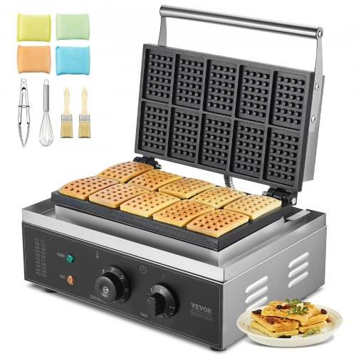 VEVOR Kommerzielles Waffeleisen 1550 W antihaftbeschichtetes Waffeleisen aus Edelstahl mit Temperatur- und Zeitregelung, Griff, für Restaurant Bäcke
