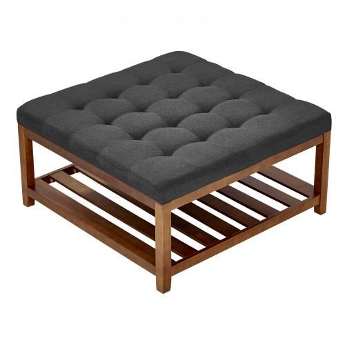 VEVOR quadratischer Couchtisch (875 x 875 x 445 mm) mit Ablagefläche aus Massivholz, massiv gepolsterte Ottomane mit Fu_stütze aus Leinen für Schla