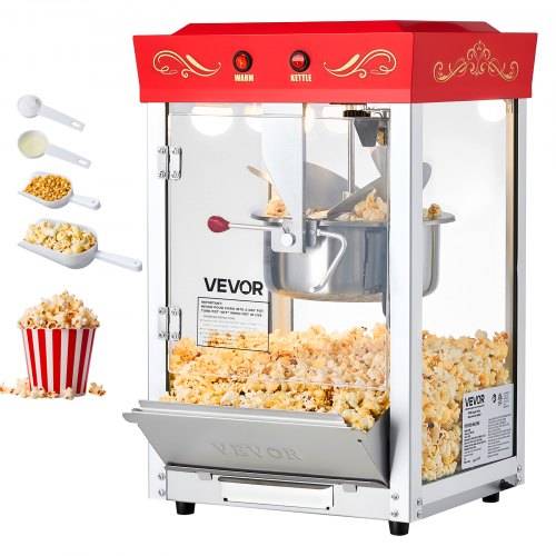 VEVOR Popcornmaschine mit Edelstahlkessel, 800 W kommerzieller Popcornmaker, 48 Tassen pro Ladung, Kinostil, mit 2-Tasten-Bedienung, Glaswand