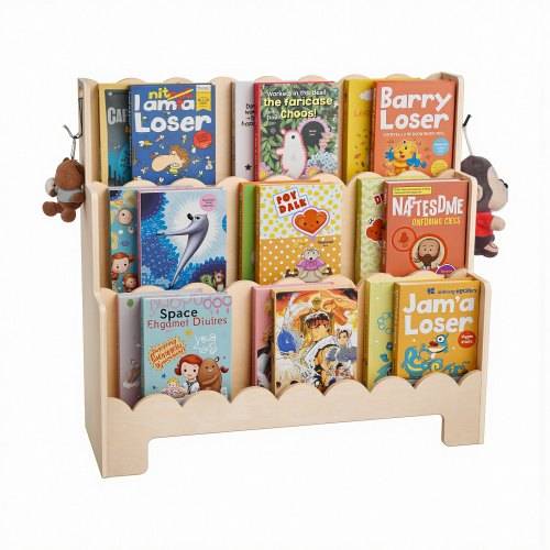 VEVOR Montessori Bücherregal 3-stöckiges Kinderbücherregal mit Wellenschliff, nach vorne gerichtetes Büchergestell mit Doppelhaken, Babybücherreg
