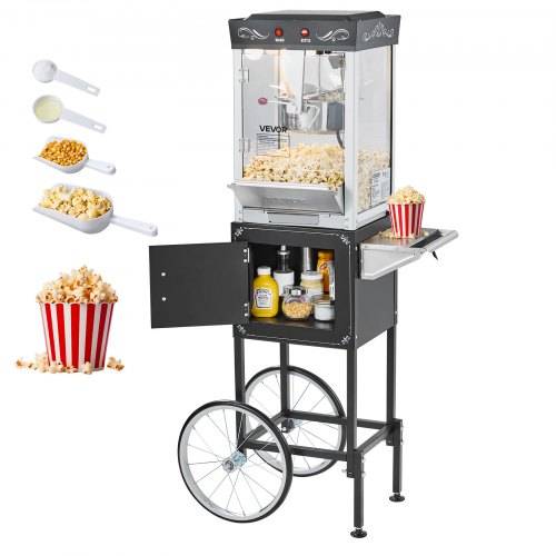 VEVOR Popcornmaschine Popcornautomat mit Kessel & Wagen, 800 W kommerzieller Popcornmaker, 48 Tassen pro Ladung, mit 2-Tasten-Bedienung, Glaswand