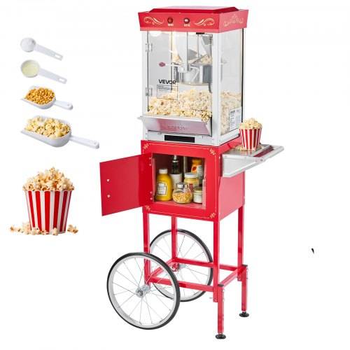 VEVOR Popcornmaschine Popcornautomat mit Kessel & Wagen, 800 W kommerzieller Popcornmaker, 48 Tassen pro Ladung, mit 2-Tasten-Bedienung, Glaswand