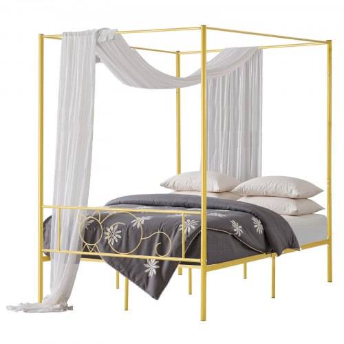 VEVOR Himmelbettrahmen (Full Size), Metallhimmelbett mit minimalistischem Kopfteil & Himmelbett-Design, robuste Stahllattenstütze (rund), Stauraum
