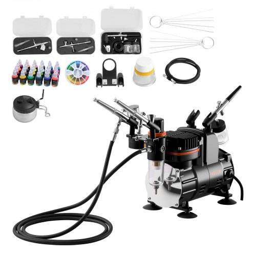 VEVOR Airbrush Set 1/6 PS mit Luftkompressor, 3 Dual Action Airbrush Pistolen mit 3 Düsen (0,3/0,3/0,35mm) & Schlauch & Acrylfarbe, für Kuchendekora