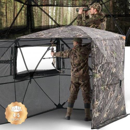 VEVOR Jagdzelt Jagdversteck für 4-5 Personen, durchsichtige Bodenblenden mit Tragetasche, robustes Tarnzelt mit leiser Rei_verschlusstür & Fenster