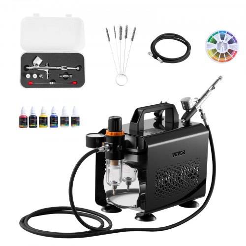 VEVOR Airbrush Set 1/6 PS mit Luftkompressor, 1 Dual Action Airbrush Pistole mit 3 Düsen (0,2/0,3/0,5 mm) & Schlauch & Acrylfarbe & für Kuchendekora