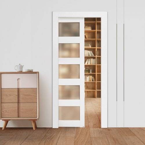 VEVOR Schiebetür (915 x 2035 mm) 5-tlg. Milchglas-Einzelschiebetür mit Hardware-Kit, Schiebetürplatte aus Massivholz & MDF mit wasserfester Oberfl