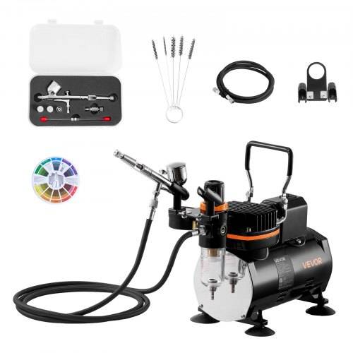 VEVOR Airbrush Set 1/6 PS mit Luftkompressor & Tank, 1 Dual Action Airbrush Pistole mit 3 Düse (0,2/0,3/0,5 mm) & Schlauch & Halterung