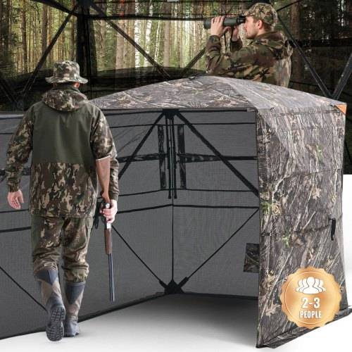 VEVOR Jagdzelt Jagdversteck für 2_3 Personen, durchsichtige Bodenblenden mit Tragetasche, robustes Tarnzelt mit leiser Seitentür & Fenster, Jagdunte
