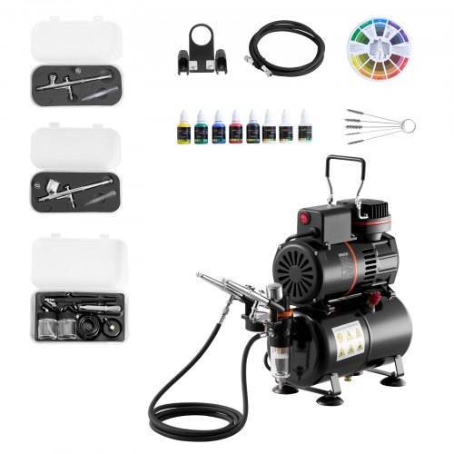 VEVOR Airbrush Set 1/6 PS mit Kompressor & Tank, Dual-Action 3 Airbrush-Pistolen mit 3 Düsen (0,3/0,3/0,5 mm) & Schlauch & Acrylfarbe &